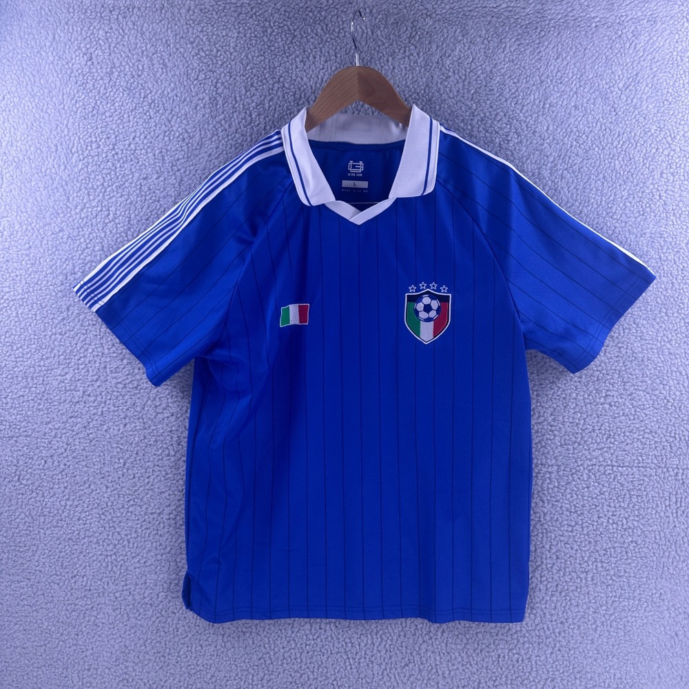 Ultra Game Mens Italia 87 Soccer Jersey Blue White Short Sleeve Large